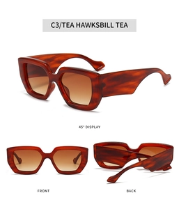 Detailed multi-angle views of tortoiseshell square sunglasses with brown gradient lenses