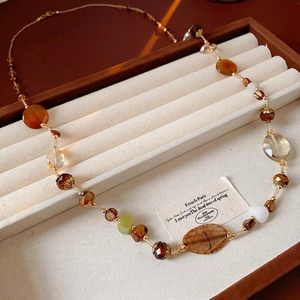 Vintage irregular white marble agate beaded necklace with amber and glass beads