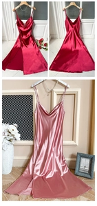 Detail of silk-like slip dress featuring elegant cowl neck and sexy side slit design
