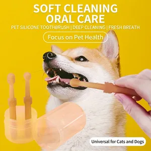 Silicone pet toothbrush set for cats and dogs with storage case for dental hygiene