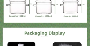 Three sizes of glass cooking pots with lid and packaging options for home use