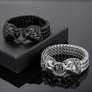 Detailed view of stainless steel lion head bracelet with black and silver braided chain