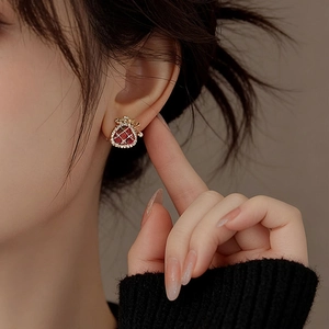 Elegant gold-plated red lucky bag pearl earrings with sparkling zircon for women