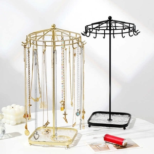 Metal Rotating Jewelry Display Stand Hooks Necklace Bracelet Holder With Square Acrylic Tray Detachable Organizer