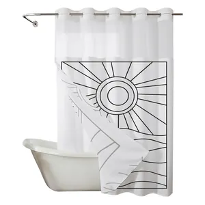 White waffle weave shower curtain with sun and wave pattern and metal ring hooks