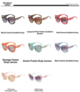 Detailed grid view showing eight colorful baroque style floral cat-eye sunglasses