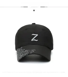 Detailed front view of black quick-dry sun hat with 3D metallic Z logo and brim pattern