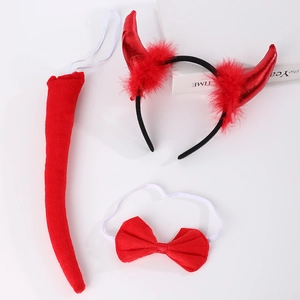 Detailed set view of red sequin devil horns headband with matching bow tie and tail