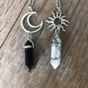 Celestial sun and moon necklace set with hexagonal natural stone crystal pendants