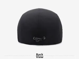 Detail view of the black retro baseball cap back with adjustable elastic drawstring and metal ring