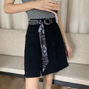 Black denim skirt with paisley scarf belt and double ring buckle for women fashion