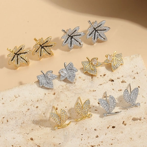 Vintage Maple Leaf Dragonfly Stud Earrings Copper Zircon Micro Pave Fashion Exquisite Jewelry Accessory For Women