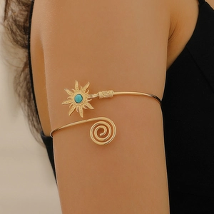 Bohemian Sun Starburst Arm Cuff Alloy Turquoise Tiger Eye Stone Spiral Adjustable Upper Arm Bracelet For Women