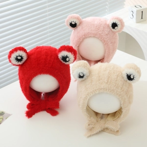 Cute frog plush hats for toddlers in red, pink, and beige with warm earflaps and chin straps