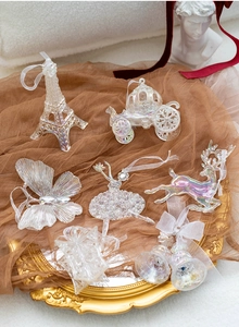 Iridescent Christmas tree ornaments featuring Eiffel Tower and reindeer on a gold tray