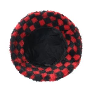 Detail of red and black checkerboard plush faux fur bucket hat with warm inner lining