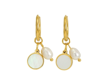 Detail of gold huggie earrings with mother of pearl disc and baroque pearl pendants