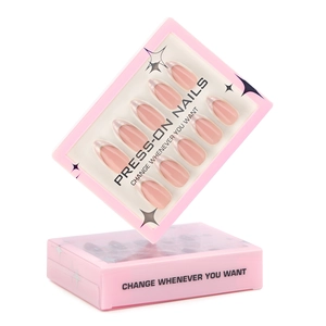French ombre press-on nails with white gradient and gold metallic curves in gift box