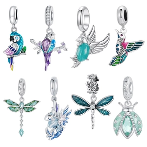 Charms Animaux en Argent Sterling 925 Libellule Perroquet Colibri Pendentif Émail Zirconia Perles pour Bracelet Collier Bijoux Femme