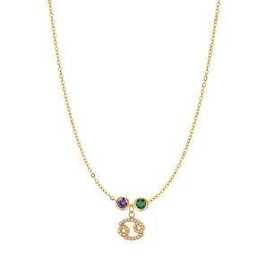 Detail of gold titanium Cancer necklace with purple, green stones and crystal-paved zodiac sign