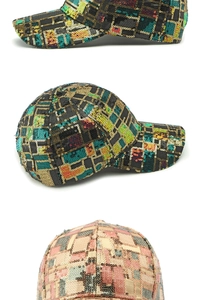 Close-up of geometric sequin pattern and stitching on stylish baseball cap detail