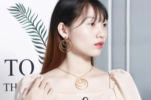 Close-up of golden multi-layer triple interlocking circle necklace and earrings set