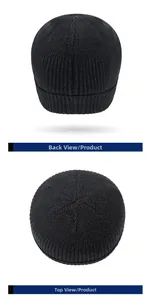 Detail view of black knit hat showing the textured vertical ribbing from top and back