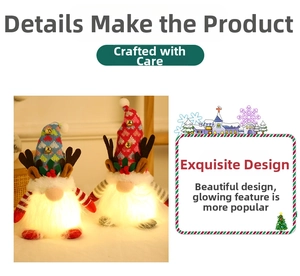 Detail of glowing Christmas gnomes with reindeer antlers and warm LED lighting effect