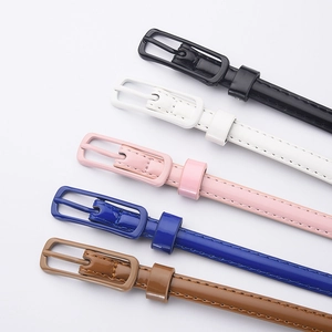 Slim candy color women's belts with pin buckle in black, white, pink, blue and brown