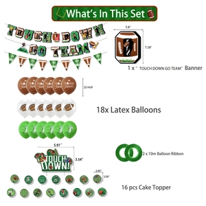 Detailed component list of football party set including banners, balloons and cake toppers