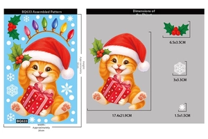 Detailed size specifications for Christmas cat and snowflake static window decals