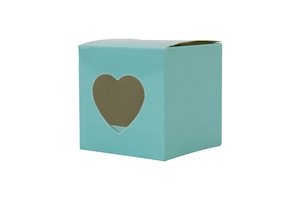 Detail view of light blue gift box featuring a heart-shaped PVC window and matte finish