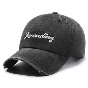 Distressed wash black baseball cap with Ascending embroidery and vintage torn details