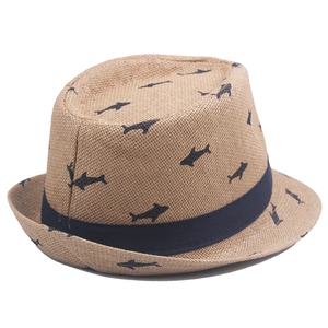 Detail view of khaki straw fedora with blue dolphin print and matching ribbon band