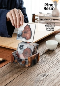 Detailed close-up of square pine wood resin coasters with Zen style storage base