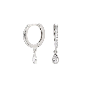 Silver teardrop hoop earrings with pear-shaped clear stones and pavé setting details
