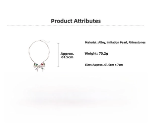 Detail view of pearl bow necklace with colorful rhinestones, size 61.5cm by 7cm
