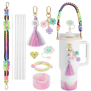 Rainbow macrame cup accessories set with woven strap, floral charms and silicone boot