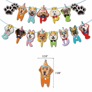 Dog birthday party banner with cute puppy faces and happy birthday letters set