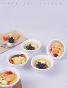 Makroansicht eines künstlichen Hühnersuppenmodells mit Ginseng und Goji-Beeren
