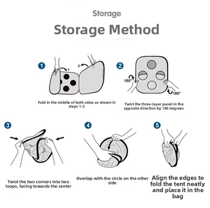 Five-step storage guide for folding children's 3-in-1 play tent with flexible frame