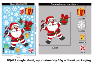 Detailed dimension guide for Christmas window stickers with Santa and snowflake motifs