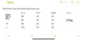 Tableau des tailles détaillé pour gilet à capuche avec mesures poitrine et épaules