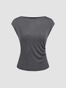 Elegant dark grey boat neck sleeveless top with side ruching details for a slim fit look