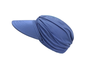 Detail view of the soft pleated texture and wide brim of the blue sun visor hat for women