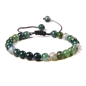 Adjustable hand-woven bracelet with 6mm green and white natural stone beads