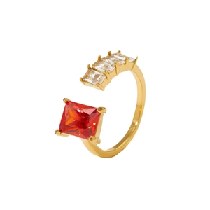 Adjustable 316 stainless steel ring with rectangle red ruby and clear zircon inlay