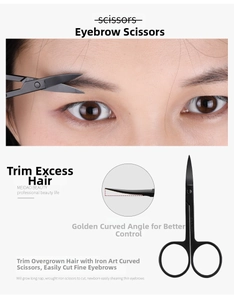 Detail of black stainless steel eyebrow scissors with golden angle for precise trimming
