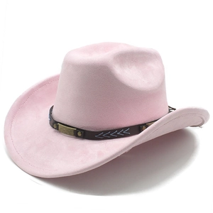 Detail of pink suede cowboy hat with brown leather band and blue decorative stitching