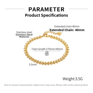 Detail of golden stainless steel leaf-shaped bracelet with lobster clasp and chain